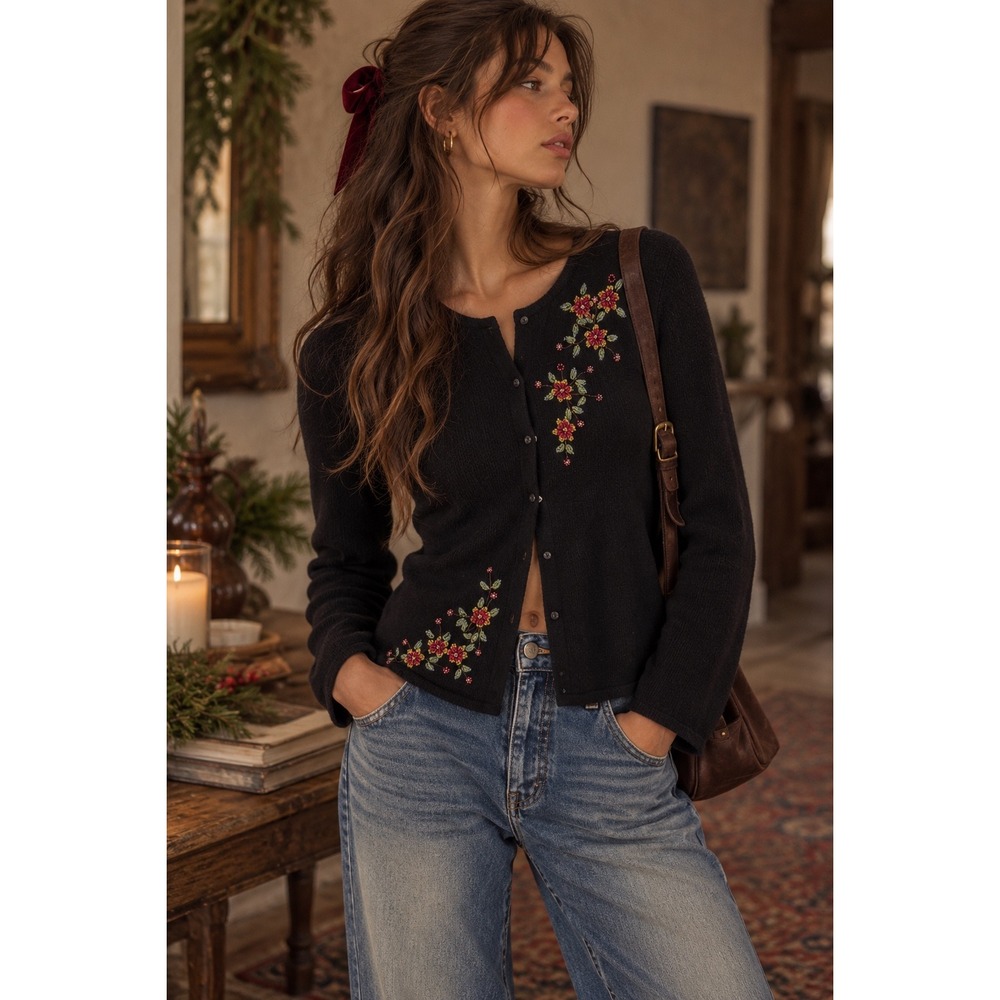 VNTG Free People Cardigan Sweater Black Beaded Floral Embroidery Cottagecore M